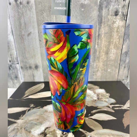 NWT Starbucks Farm Rio Limited Edition Blue Multicolor Banana Print Tumbler. - Picture 3 of 13